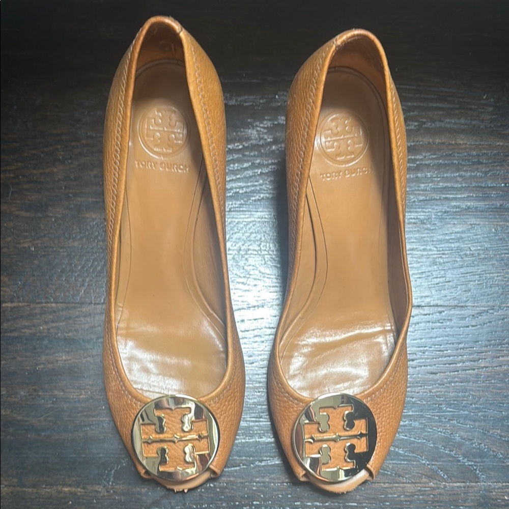 Tory Burch Tan Leather Women's Peep Toe Wedge Shoes 9.5